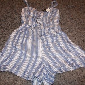 Blue and white striped romper w/ scrunched back